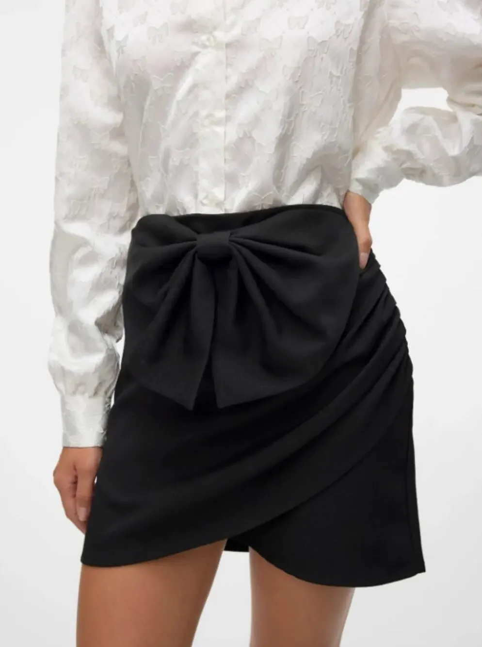 Vero Moda Bow Mini Skirt Womens 10 Black Draped Preppy Coquette Feminine Party